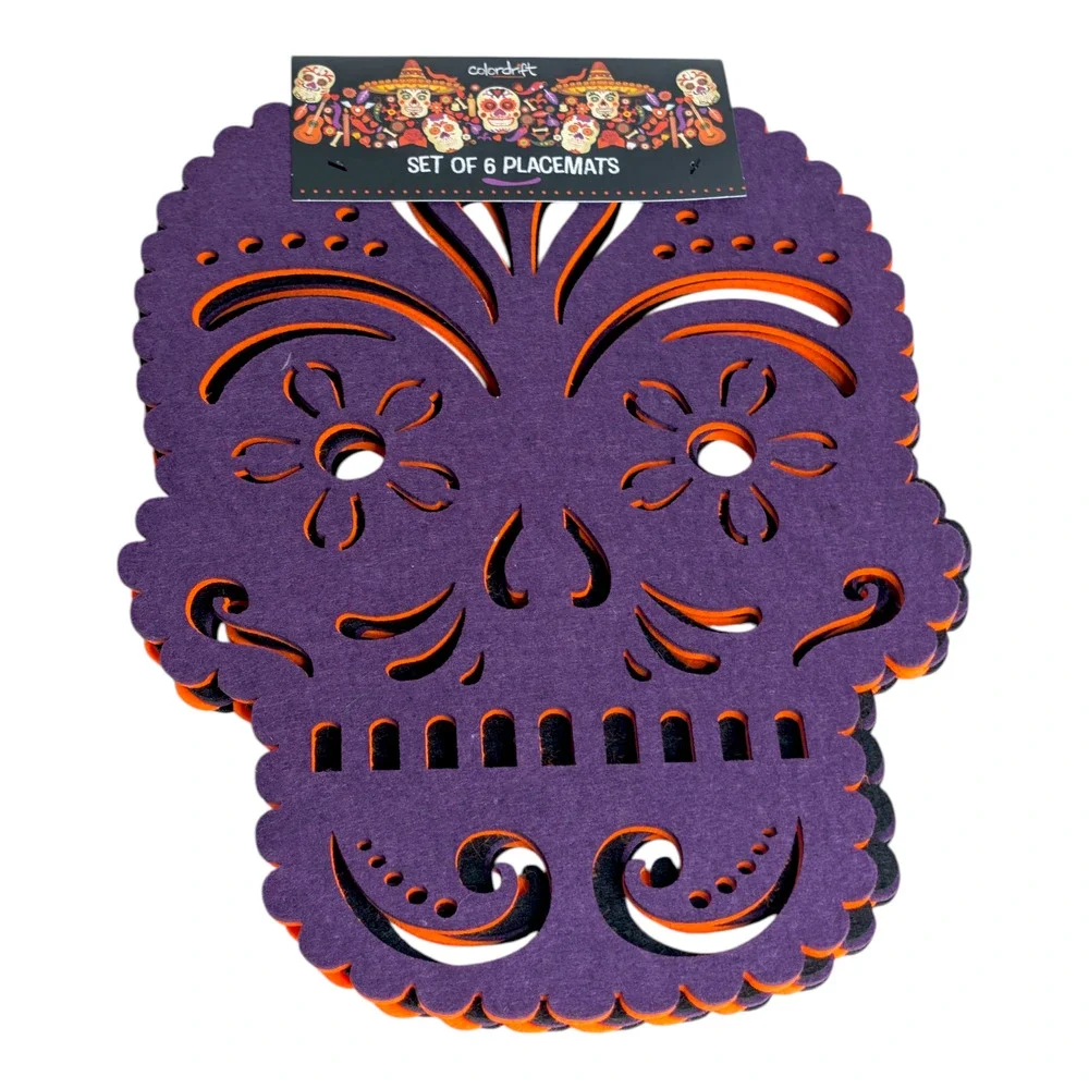 Day of the Dead Sugar Skull Purple Orange Black Felt‎ Placemats Set of 6 New